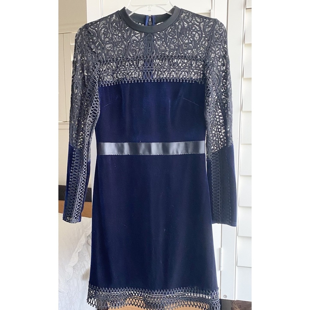 Topshop Velvet Lace Velvet Mini Dress 4 Blue Black‎ Long Sleeve Goth Glam Addams